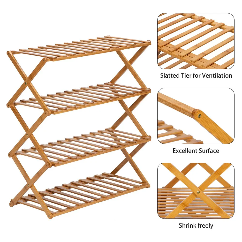 100% Bamboo Flower Stand 4-Layer Stock Rack Foldable Balcony Plant Frame Office Living Room Garden Decoration Natural[US-Stock]