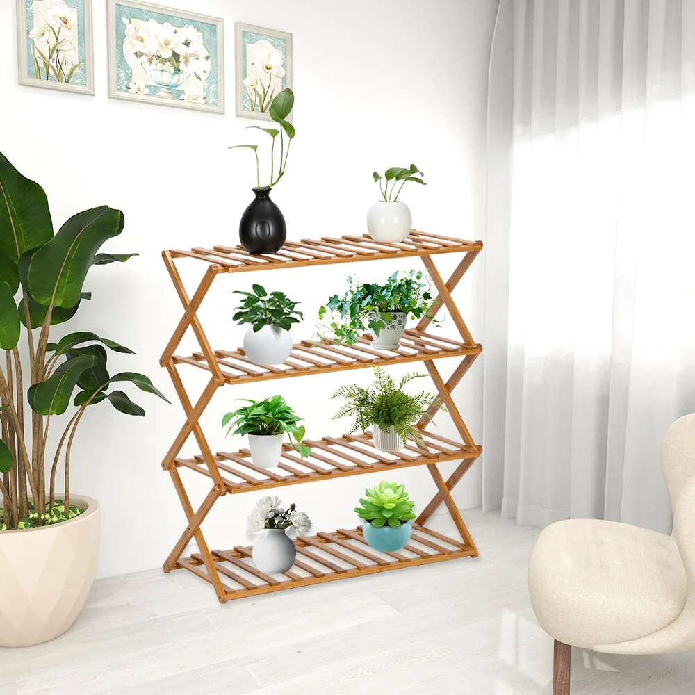 100% Bamboo Flower Stand 4-Layer Stock Rack Foldable Balcony Plant Frame Office Living Room Garden Decoration Natural[US-Stock]