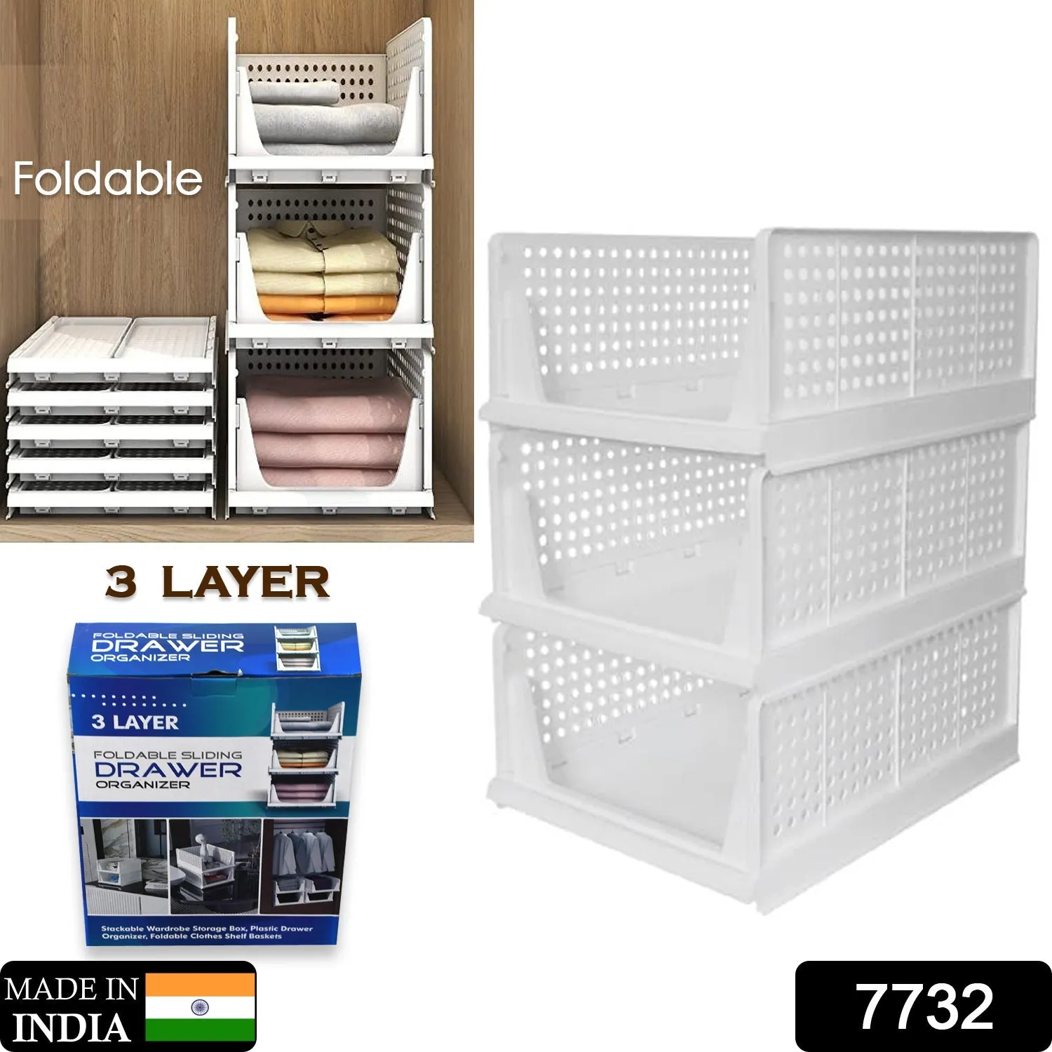 7732 3 Layer Clothes Organizer for Wardrobe Cupboard Organizer for Clothes Foldable and Stackable Closet Organizer Drawer Organizer for Clothes, Multi Purpose Plastic Drawer