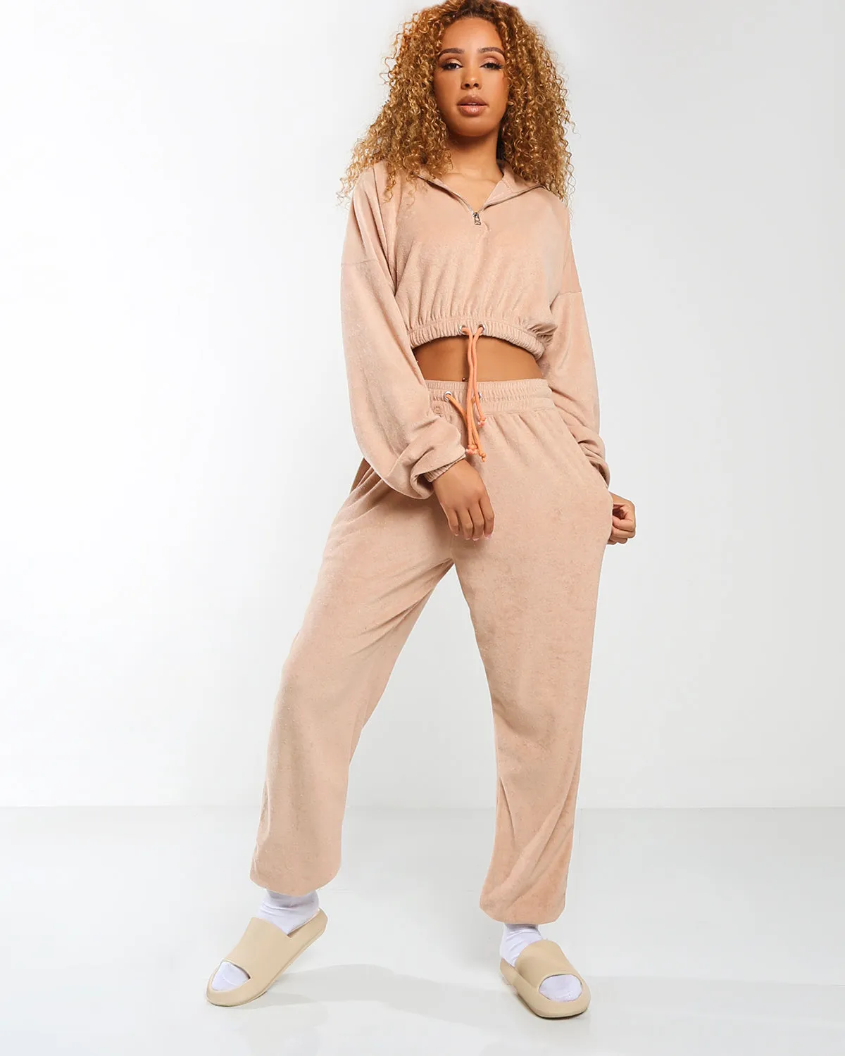 Amber x Public Desire super soft towelling zip detail crop sweatshirt co-ord beige