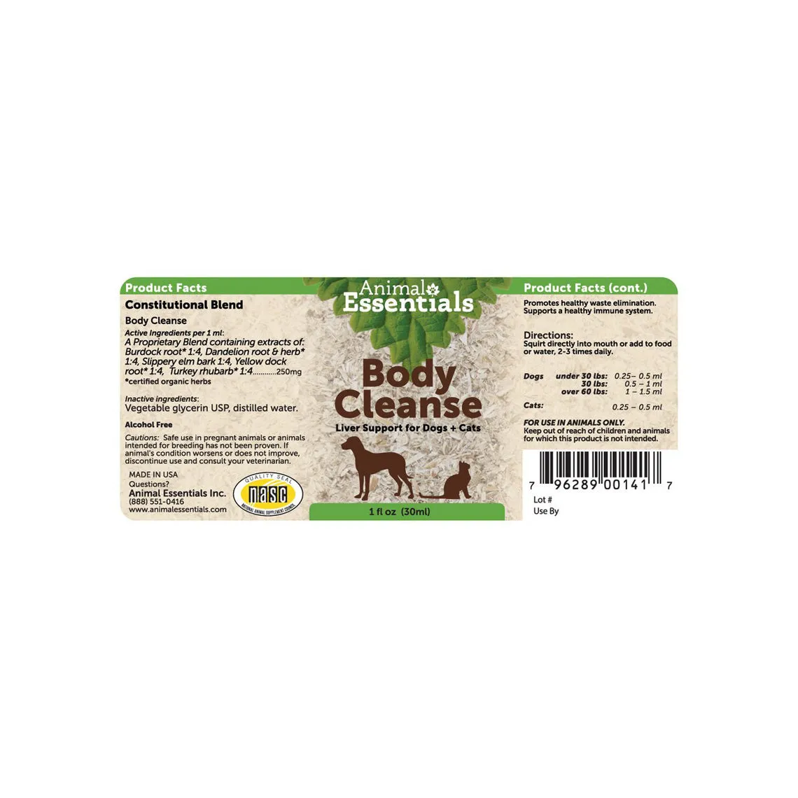 Animal Essentials Body Cleanse Liquid Herbal Formula for Dogs & Cats