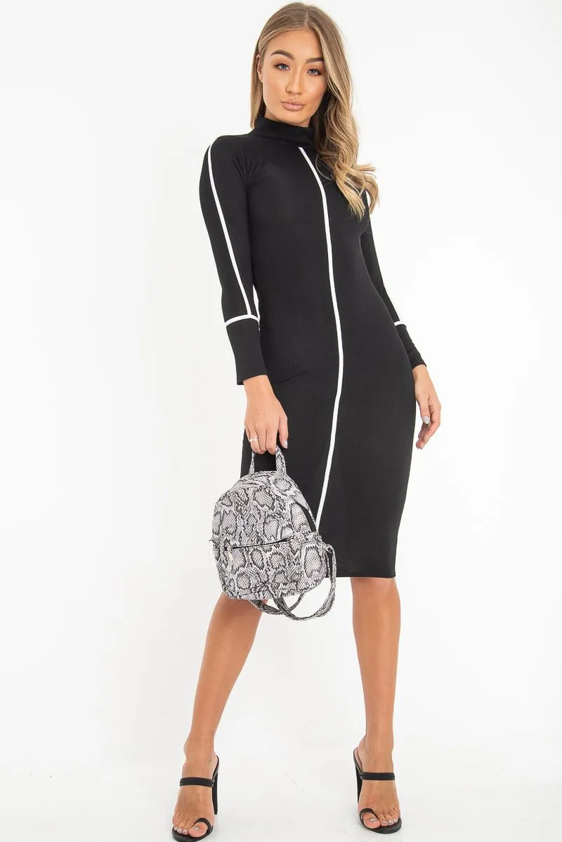 Black Contrast Stripe Detail High Neck Midi Dress - Niana