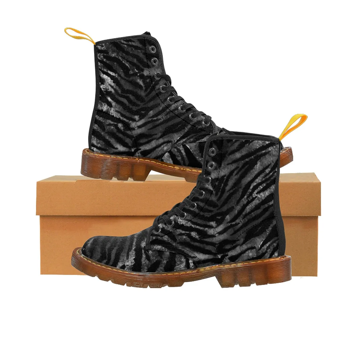 Black Tiger Stripe Women's Boots, Animal Print Designer Winter Lace-up Toe Cap Boots