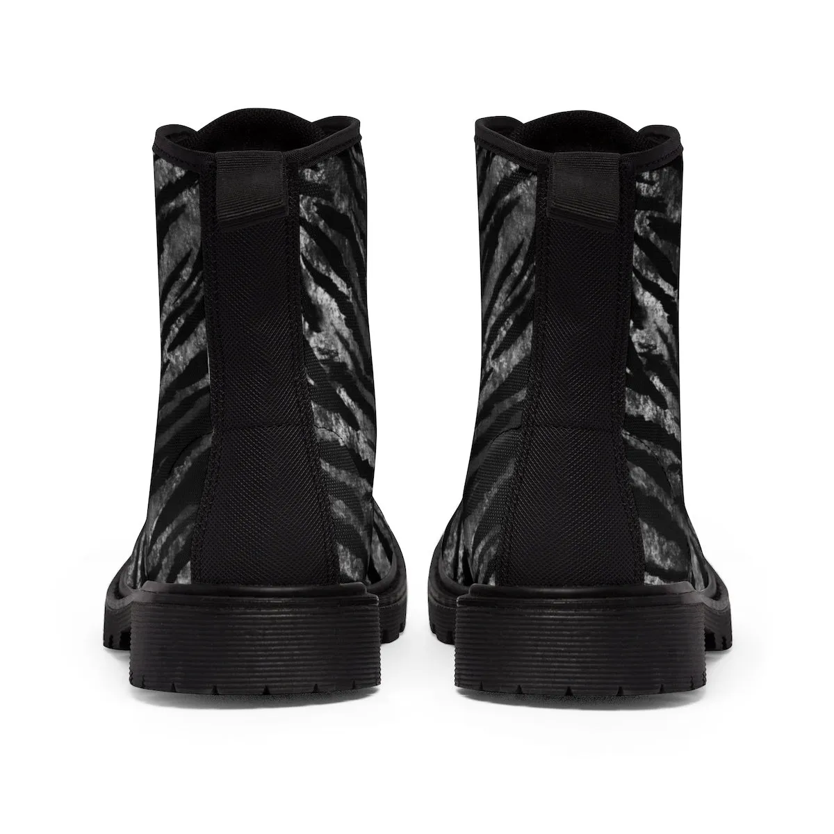 Black Tiger Stripe Women's Boots, Animal Print Designer Winter Lace-up Toe Cap Boots