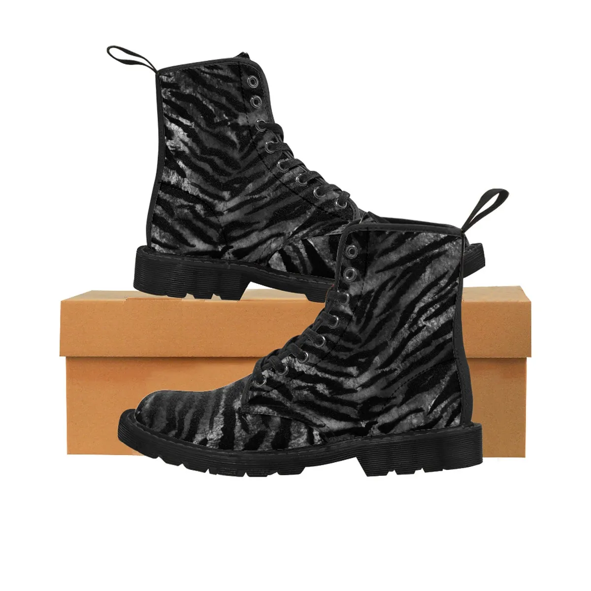 Black Tiger Stripe Women's Boots, Animal Print Designer Winter Lace-up Toe Cap Boots