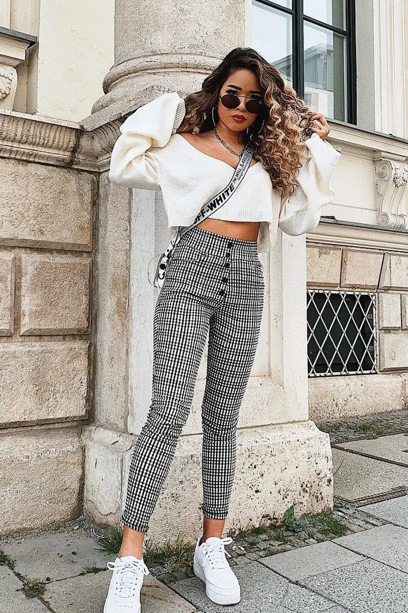 Black White Check Button Front Skinny Leg Trousers - Simone