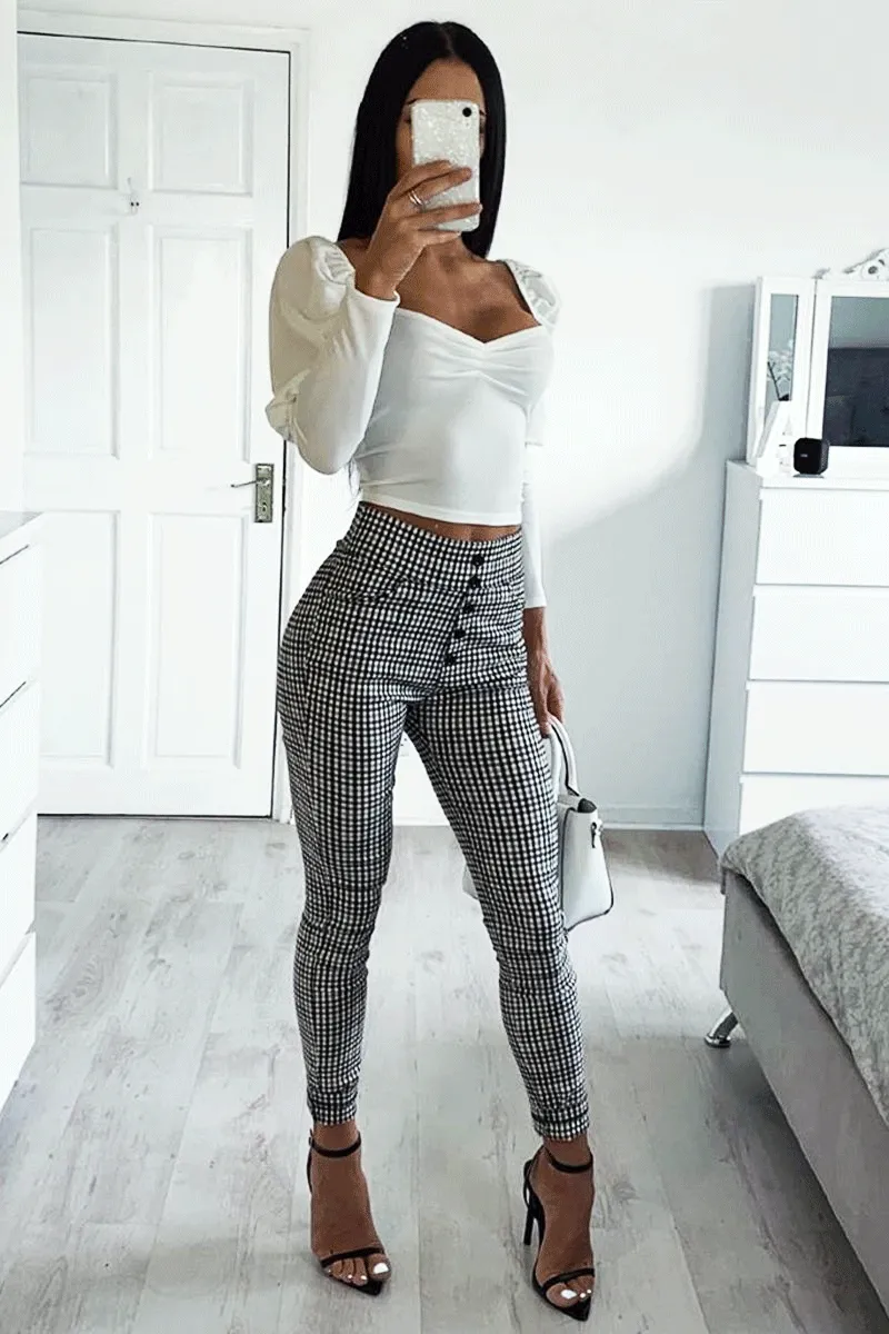 Black White Check Button Front Skinny Leg Trousers - Simone