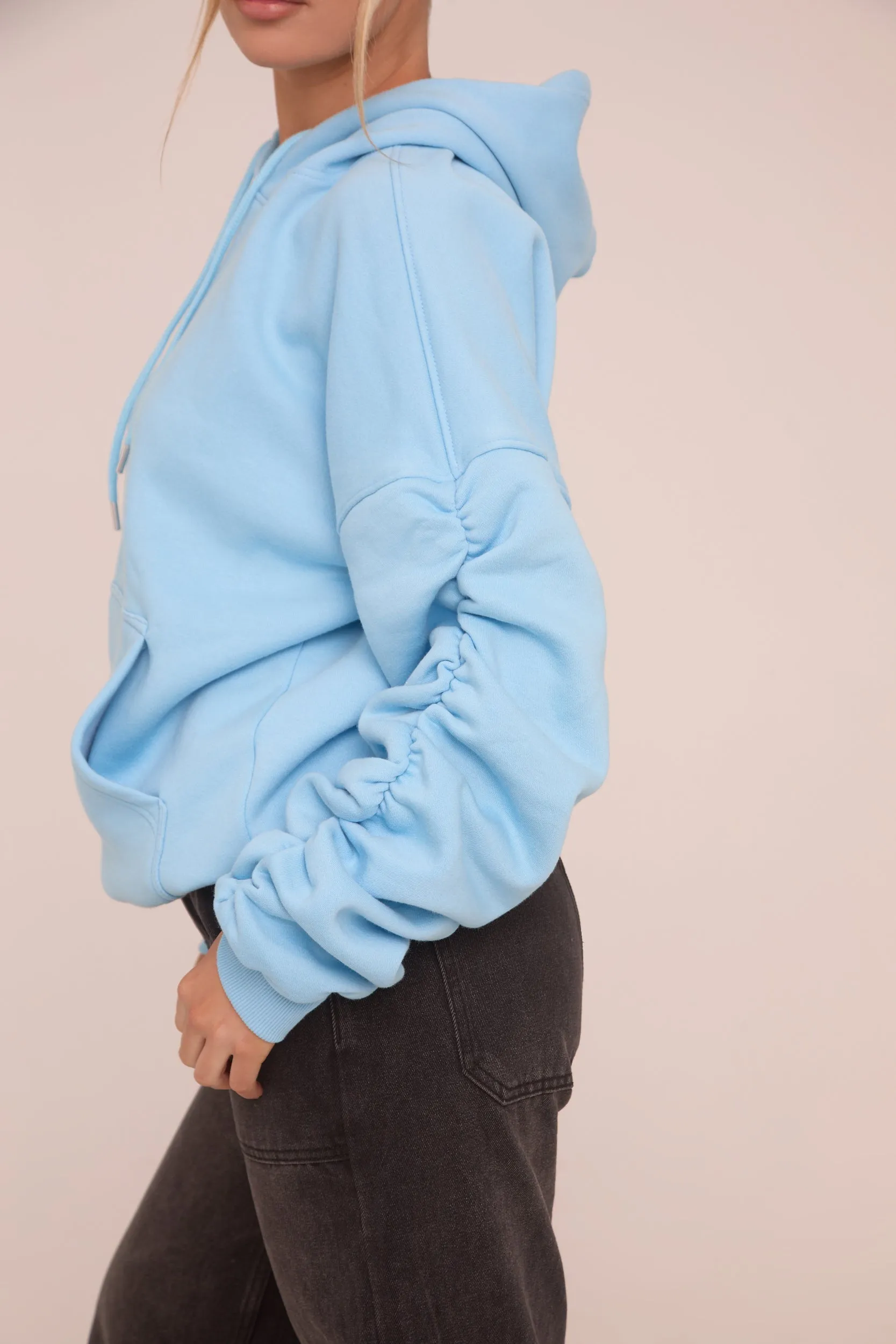 Blue Ruched Sleeve Oversized Hoodie - Lorna