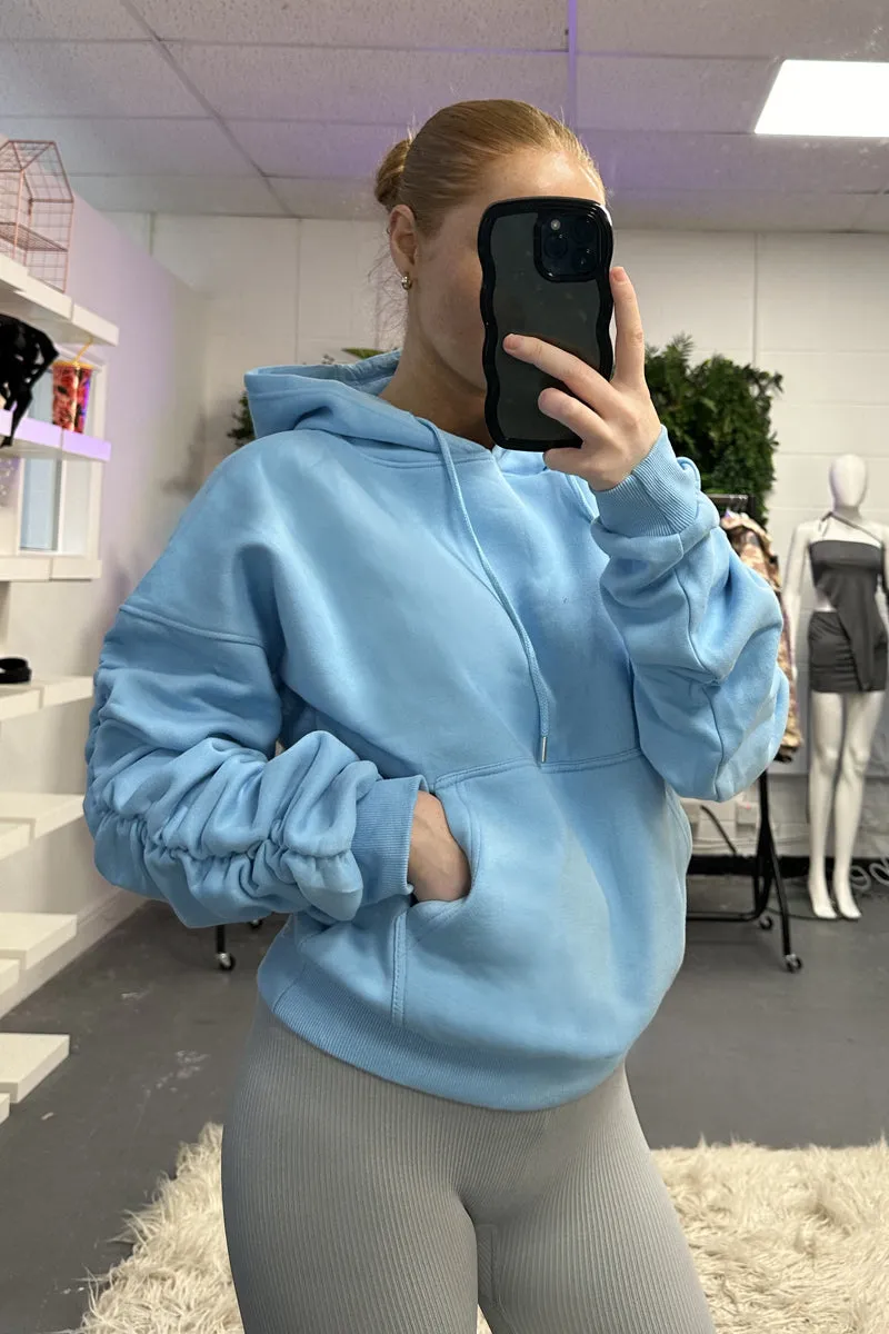 Blue Ruched Sleeve Oversized Hoodie - Lorna