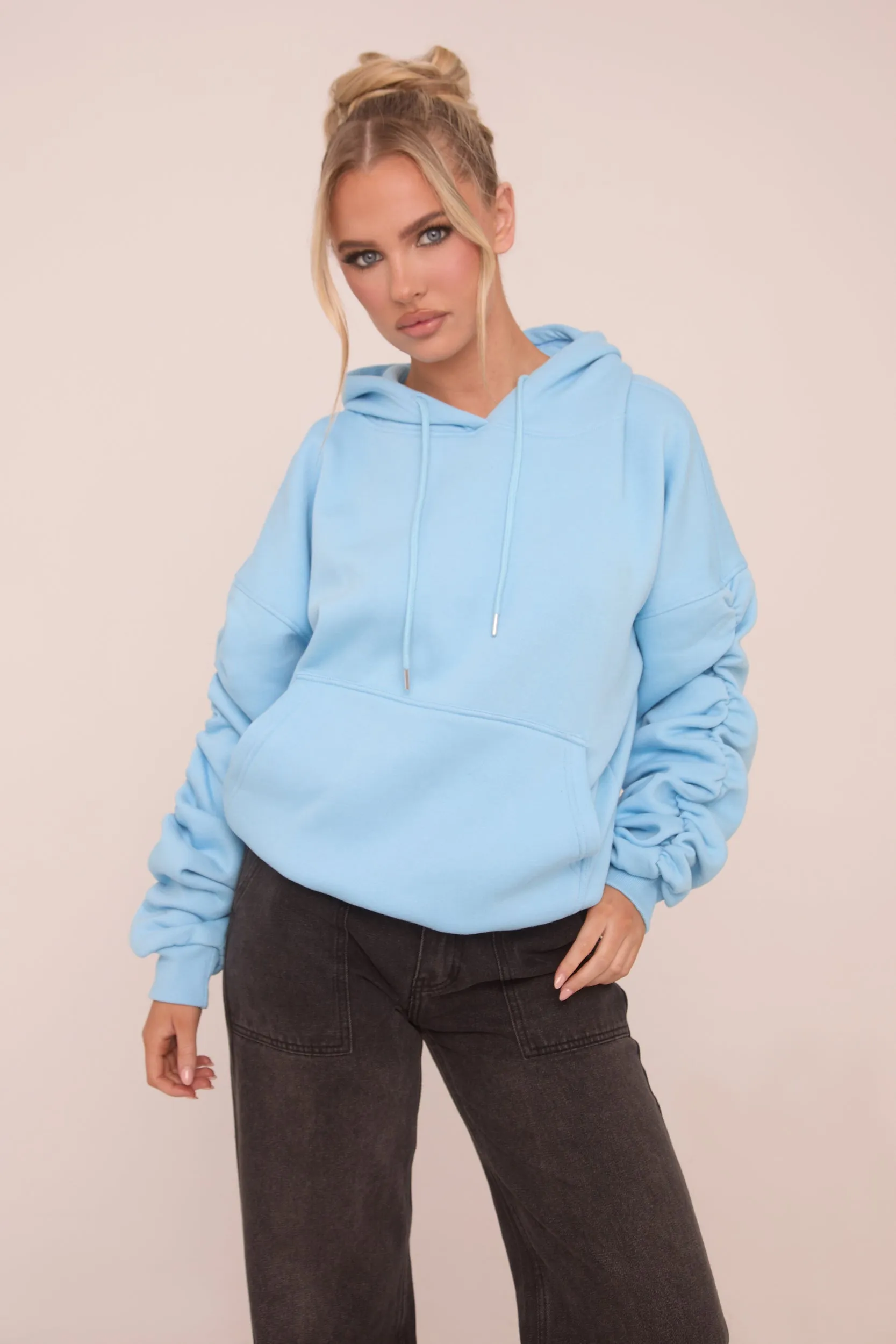 Blue Ruched Sleeve Oversized Hoodie - Lorna