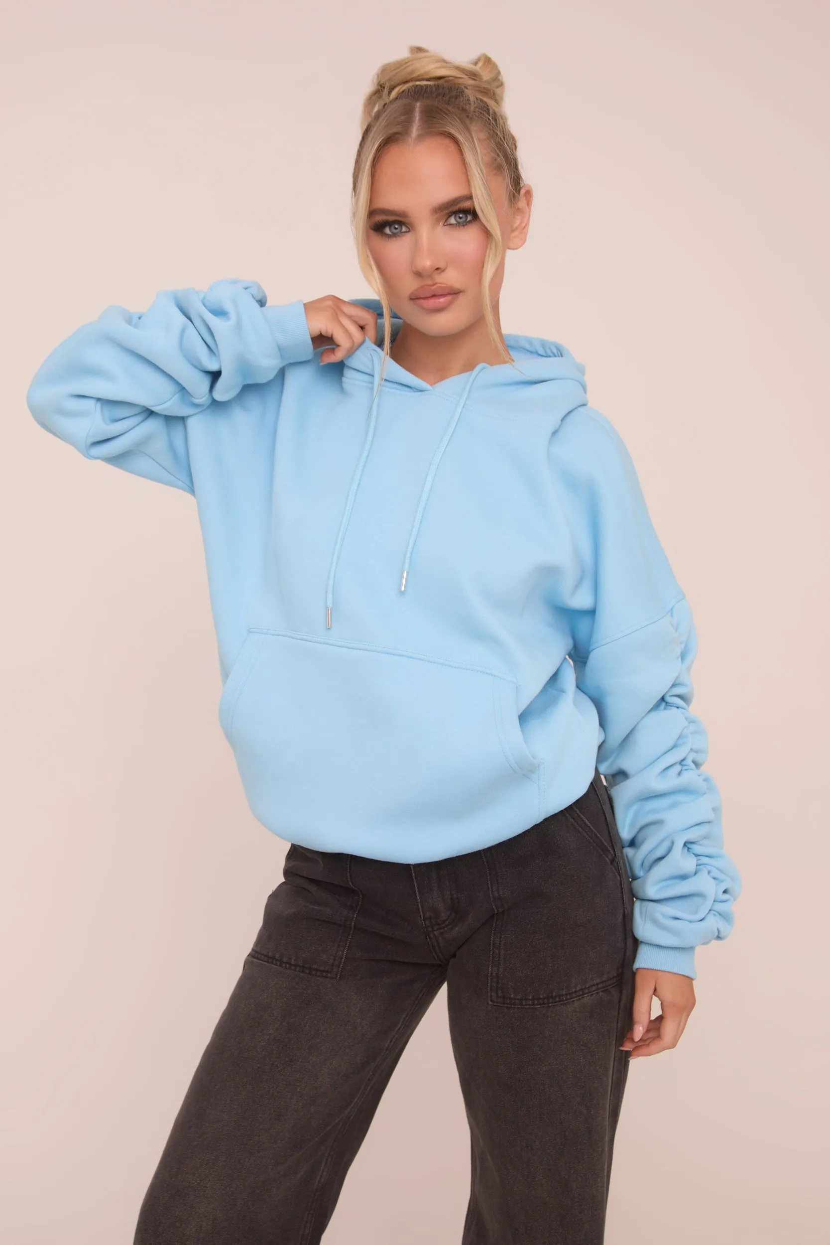 Blue Ruched Sleeve Oversized Hoodie - Lorna