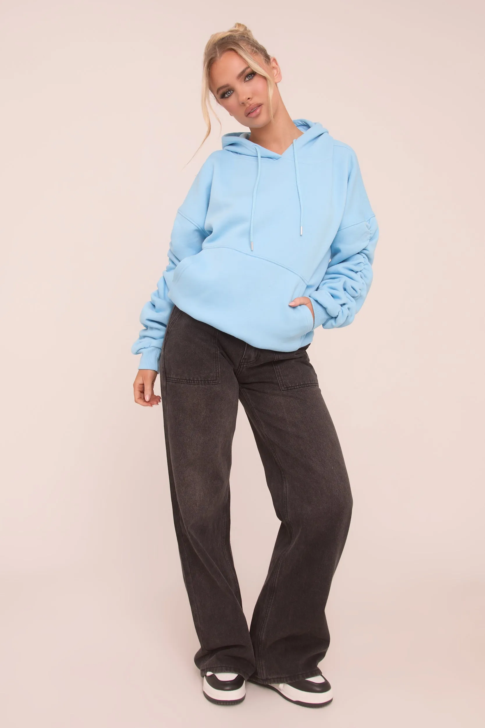 Blue Ruched Sleeve Oversized Hoodie - Lorna