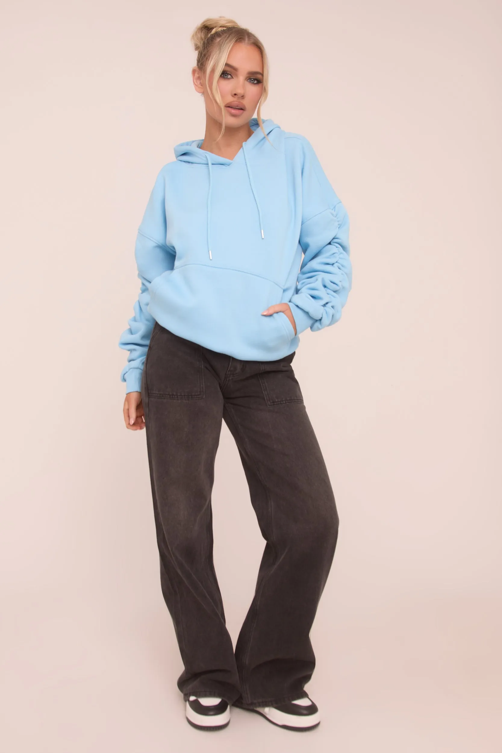 Blue Ruched Sleeve Oversized Hoodie - Lorna