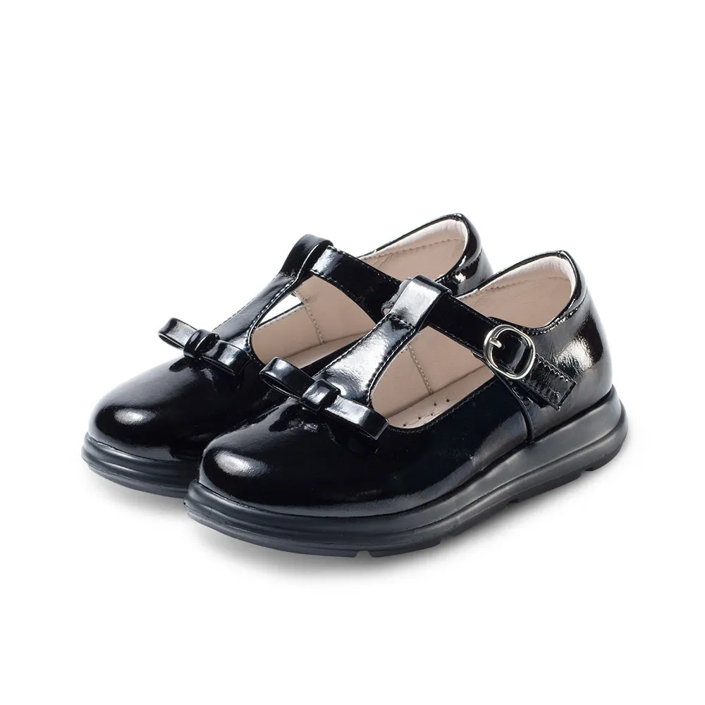 Cute Girls Soft Sole Patent Black T-Bar School Shoes