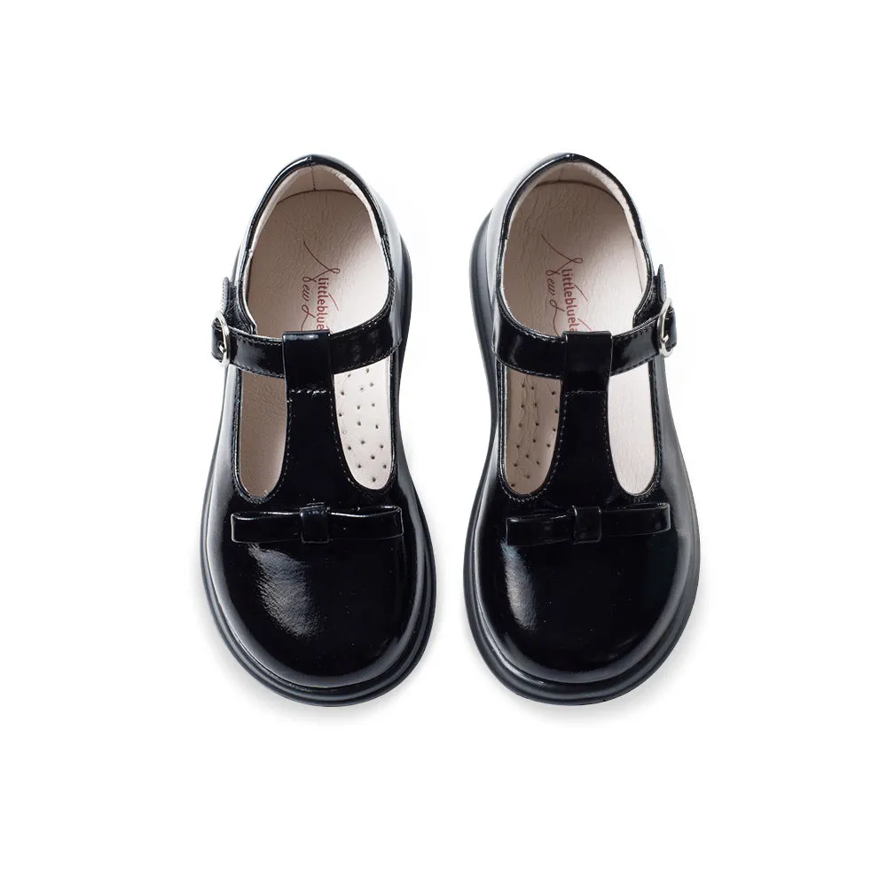 Cute Girls Soft Sole Patent Black T-Bar School Shoes