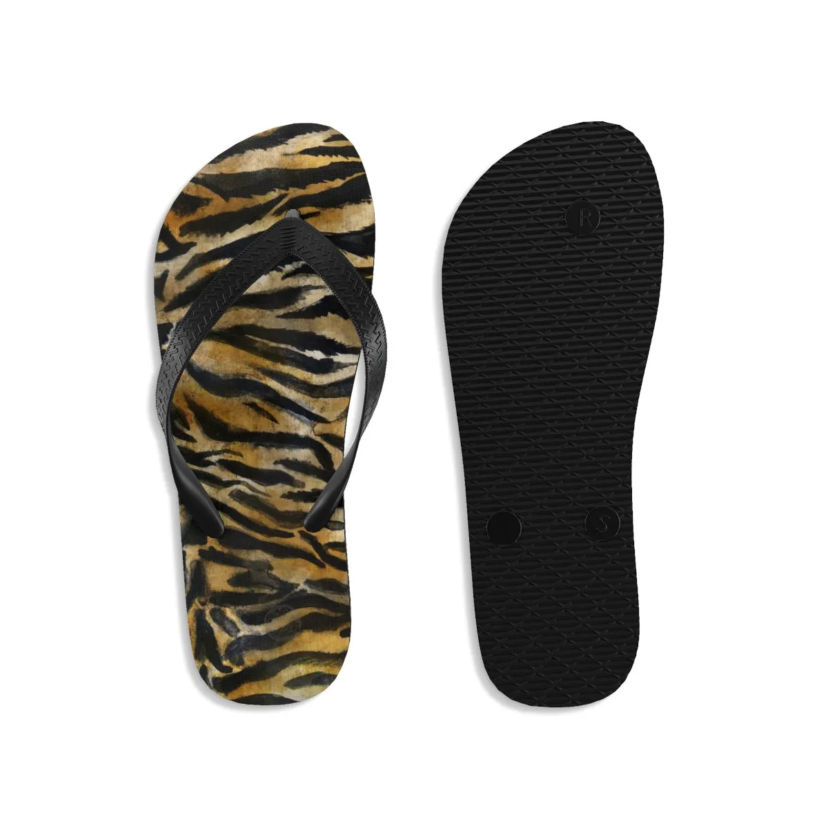 Cute Tiger Stripe Flip Flops, Wild Animal Skin Print Designer Unisex Men/Women's Flip-Flops - Made in USA (Size: S, M, L)