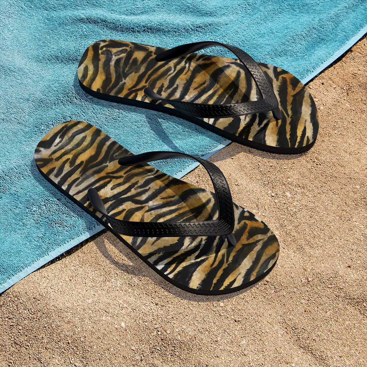 Cute Tiger Stripe Flip Flops, Wild Animal Skin Print Designer Unisex Men/Women's Flip-Flops - Made in USA (Size: S, M, L)