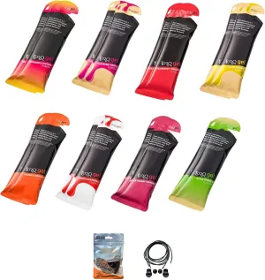 Energy Gels - Pack of 16 Sachets, 8 Different Flavours. Bundle with an Exclusive Pack of Elastic No-tie Reflective Shoe Laces