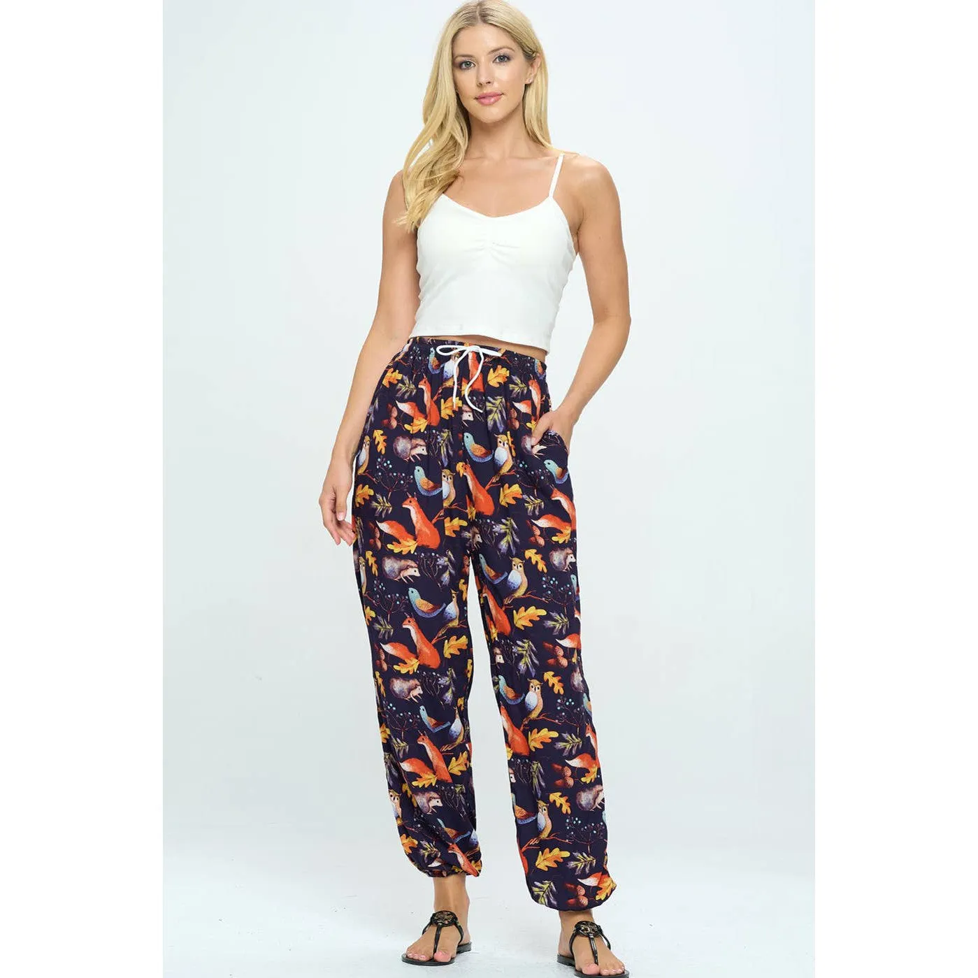 Fox and Owl Woodland Print Pants With Drawstring and Pockets | High Waisted Loose Summer Trousers One Size