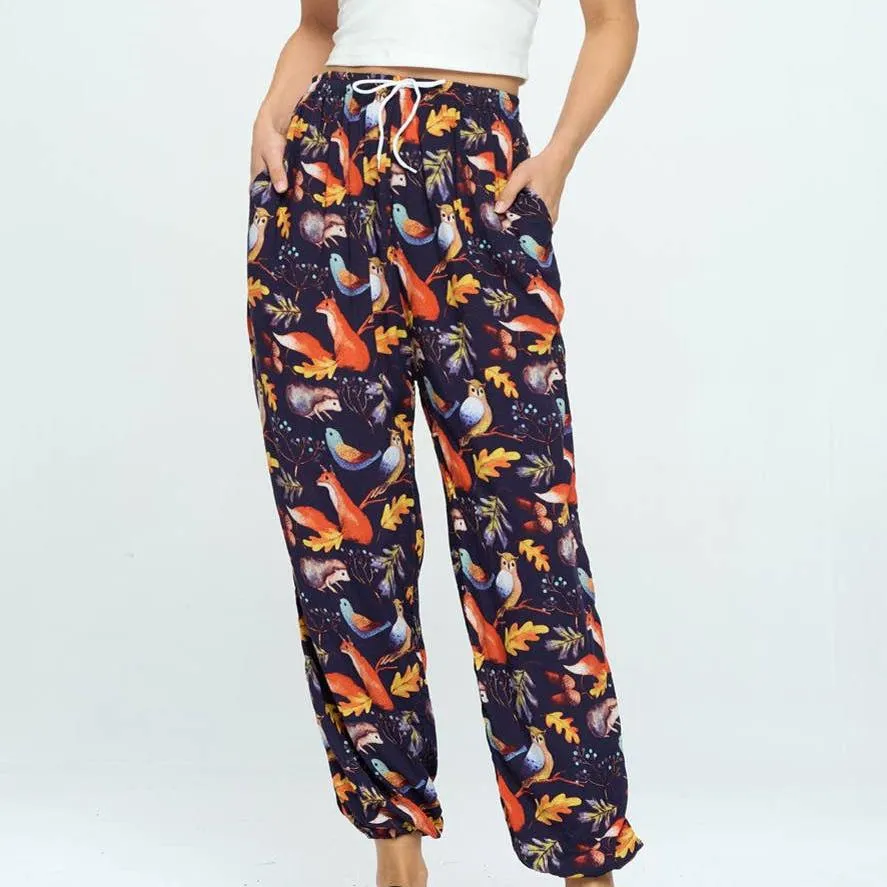 Fox and Owl Woodland Print Pants With Drawstring and Pockets | High Waisted Loose Summer Trousers One Size