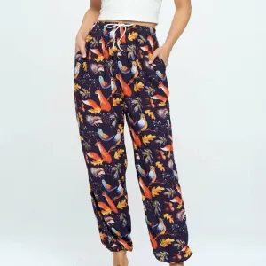 Fox and Owl Woodland Print Pants With Drawstring and Pockets | High Waisted Loose Summer Trousers One Size