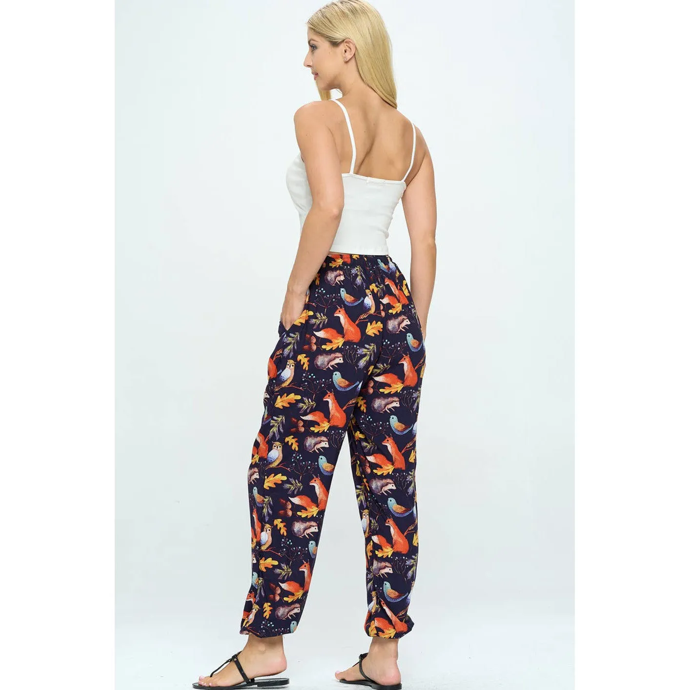 Fox and Owl Woodland Print Pants With Drawstring and Pockets | High Waisted Loose Summer Trousers One Size