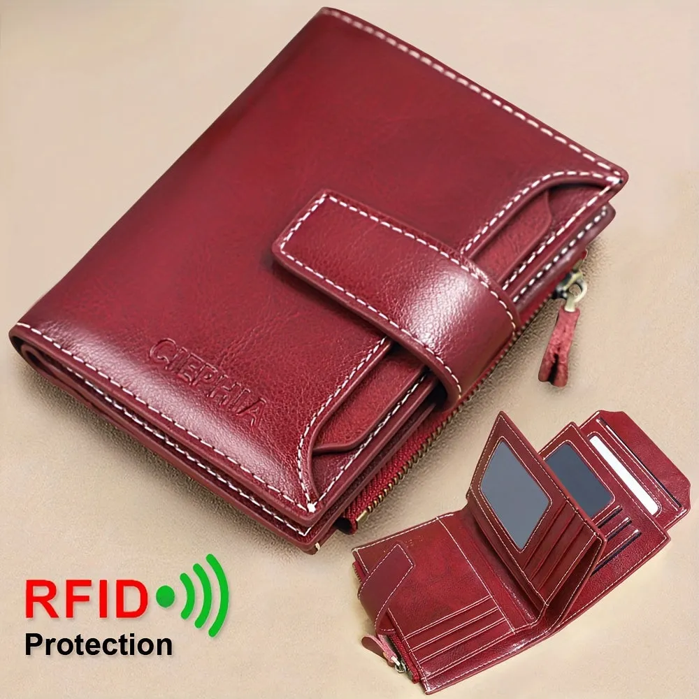 Genuine Leather Short Wallet, RFID Blocking Protection Card Holder, Multi Card Foldable Coin Purse With Buckle