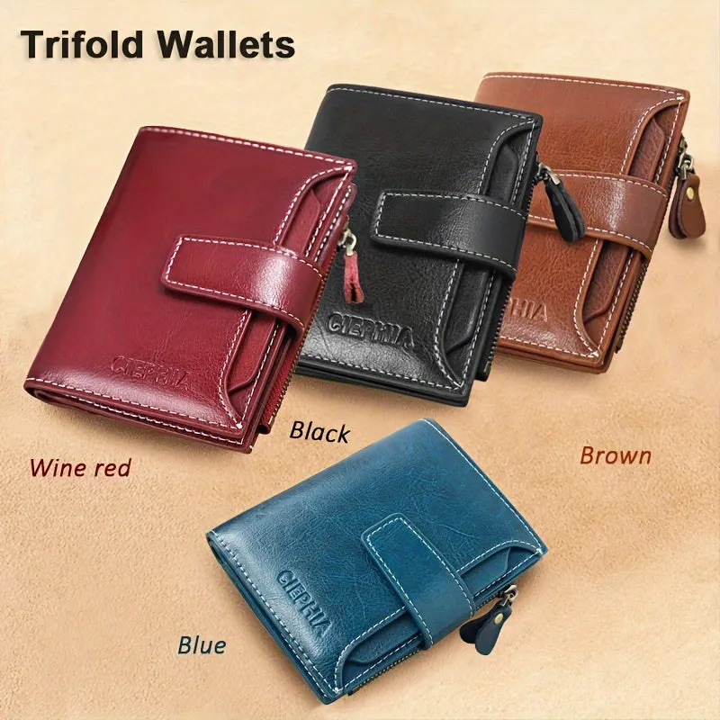 Genuine Leather Short Wallet, RFID Blocking Protection Card Holder, Multi Card Foldable Coin Purse With Buckle