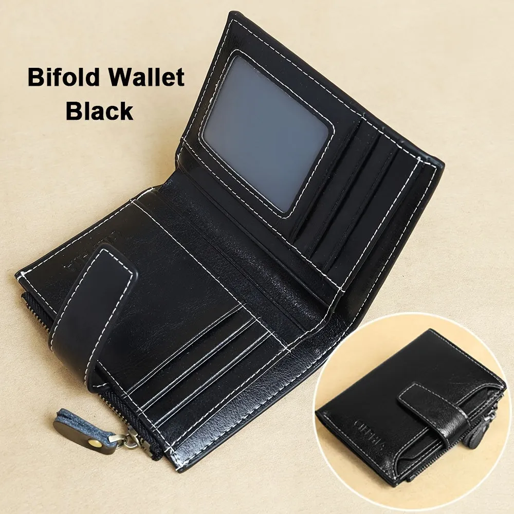 Genuine Leather Short Wallet, RFID Blocking Protection Card Holder, Multi Card Foldable Coin Purse With Buckle