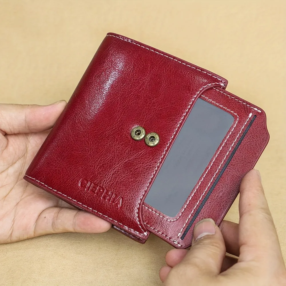 Genuine Leather Short Wallet, RFID Blocking Protection Card Holder, Multi Card Foldable Coin Purse With Buckle