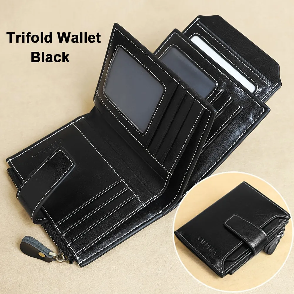 Genuine Leather Short Wallet, RFID Blocking Protection Card Holder, Multi Card Foldable Coin Purse With Buckle