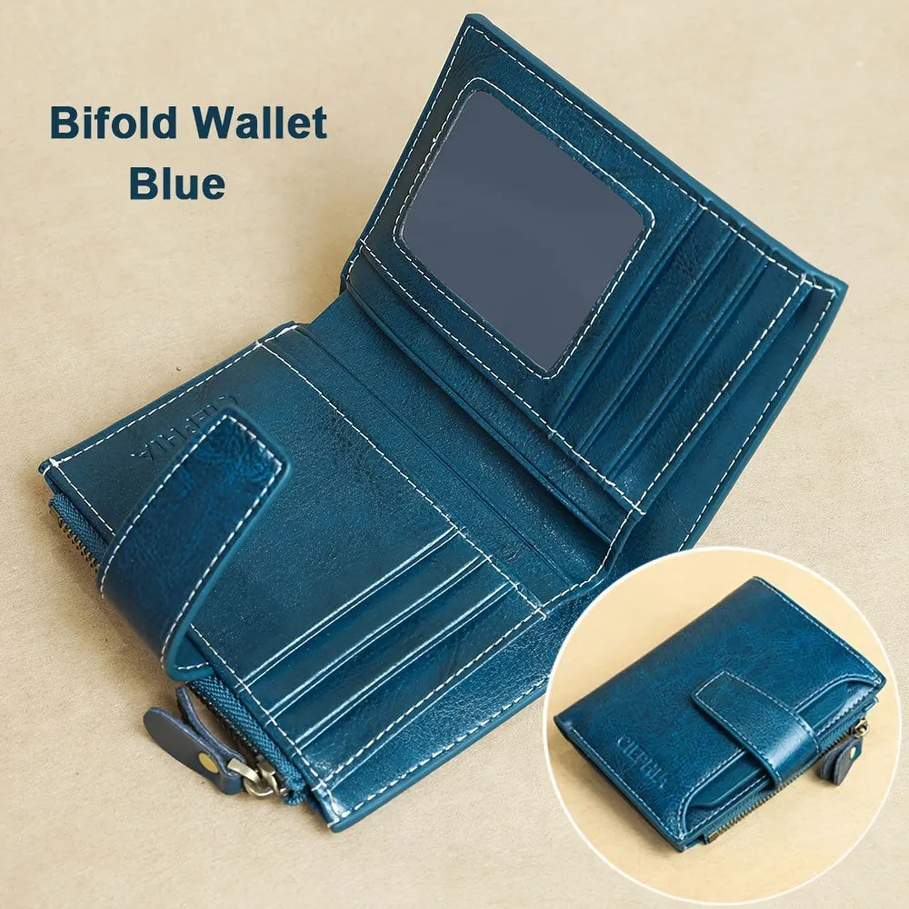 Genuine Leather Short Wallet, RFID Blocking Protection Card Holder, Multi Card Foldable Coin Purse With Buckle