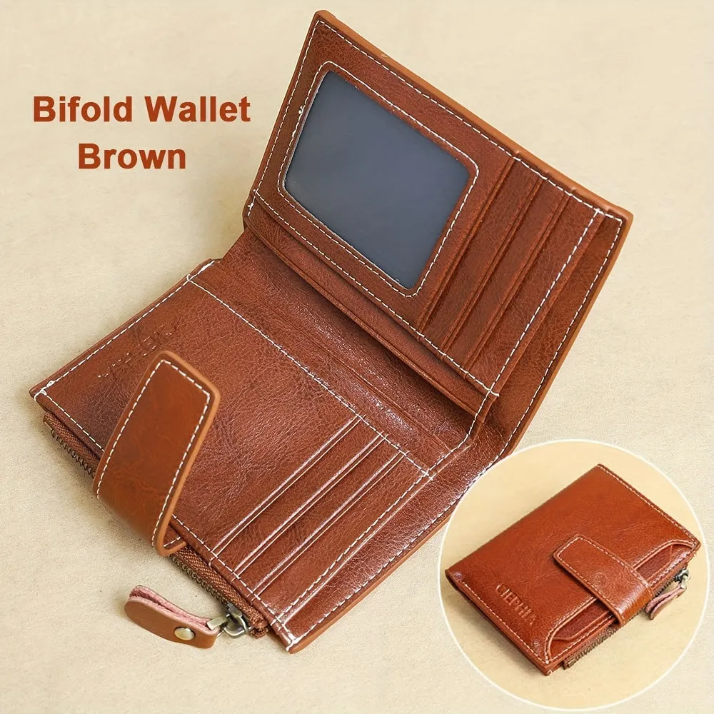 Genuine Leather Short Wallet, RFID Blocking Protection Card Holder, Multi Card Foldable Coin Purse With Buckle