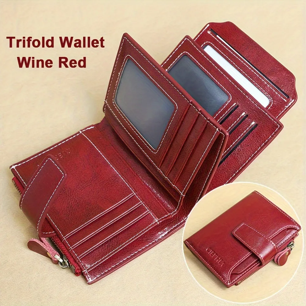 Genuine Leather Short Wallet, RFID Blocking Protection Card Holder, Multi Card Foldable Coin Purse With Buckle