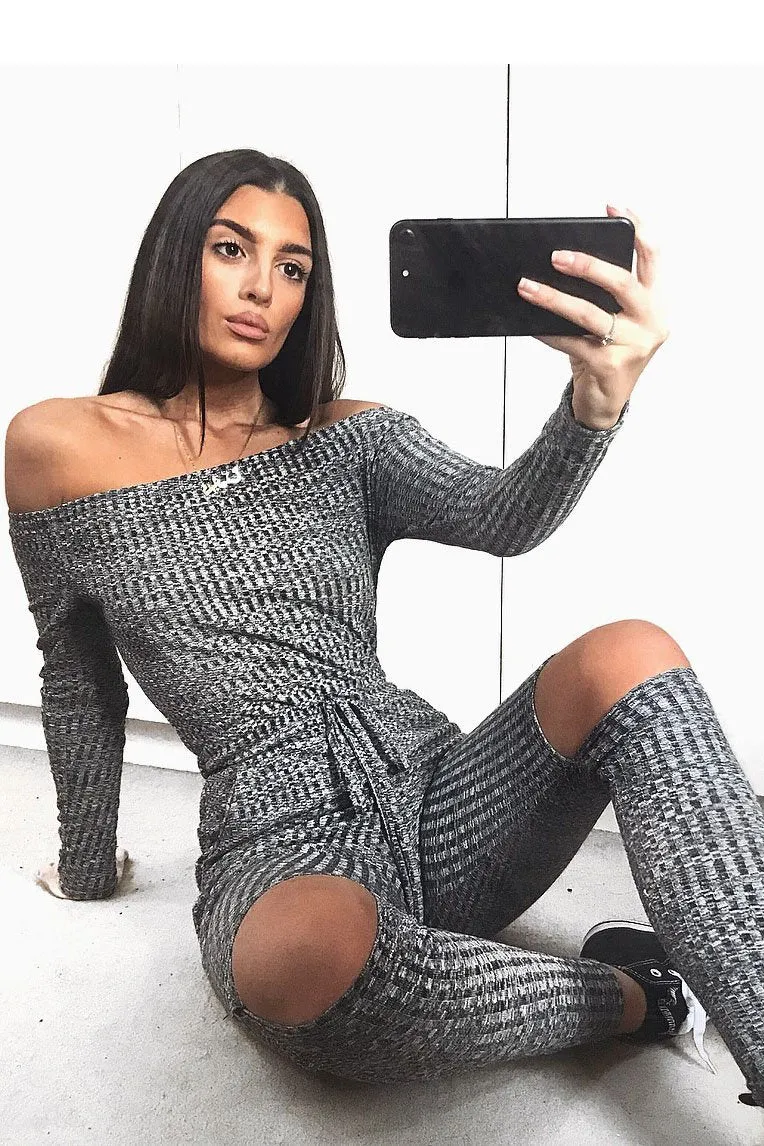 Grey Ribbed Rip Knee Jumpsuit - Chyna