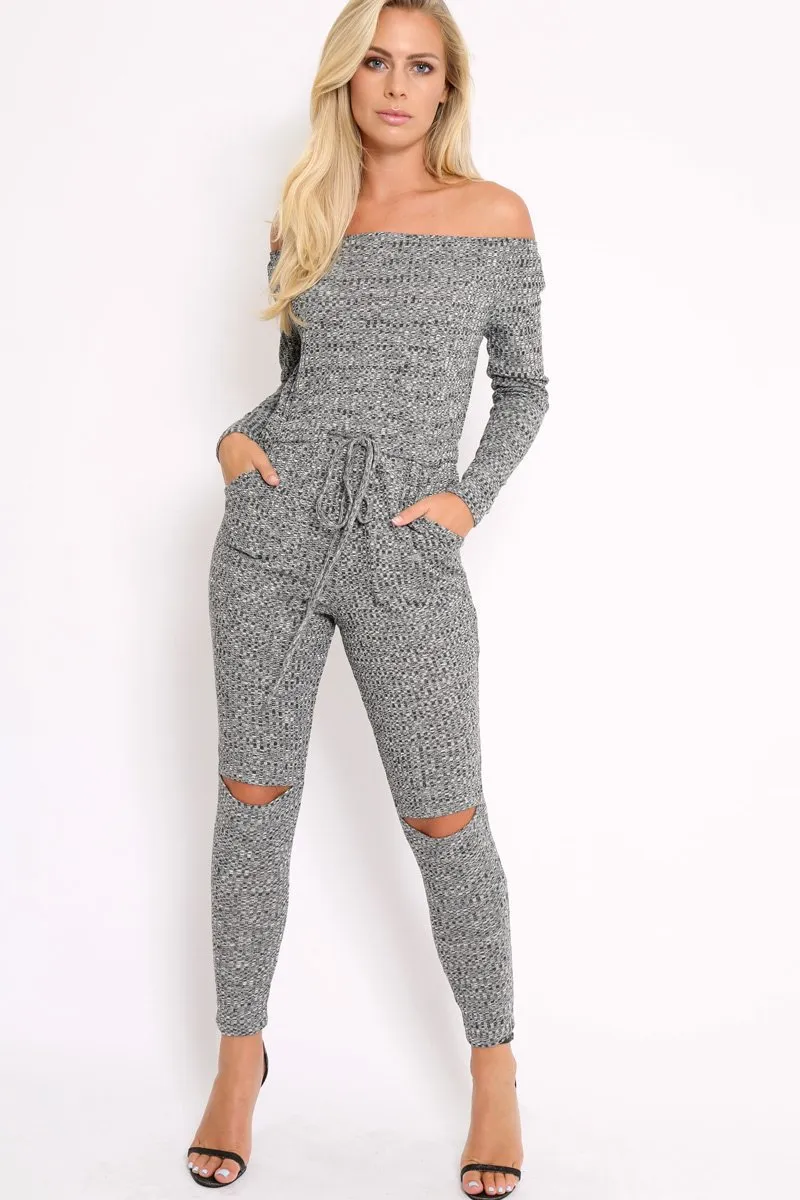 Grey Ribbed Rip Knee Jumpsuit - Chyna