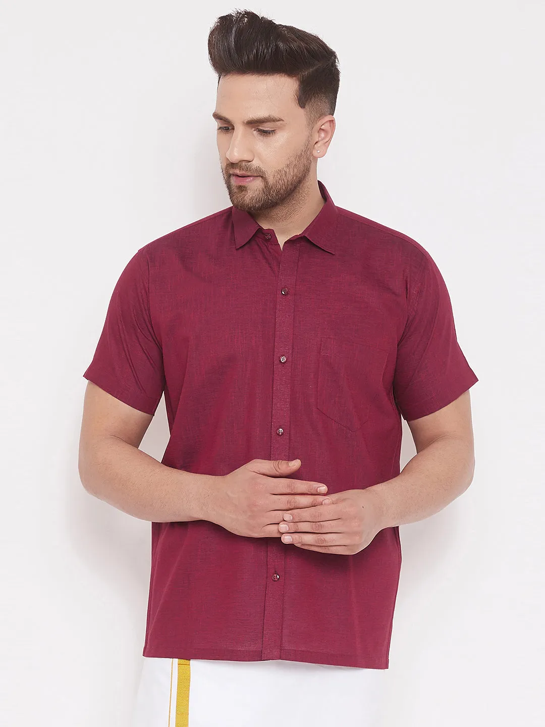 Jashvi Men's Maroon Cotton Blend Ethnic Shirt