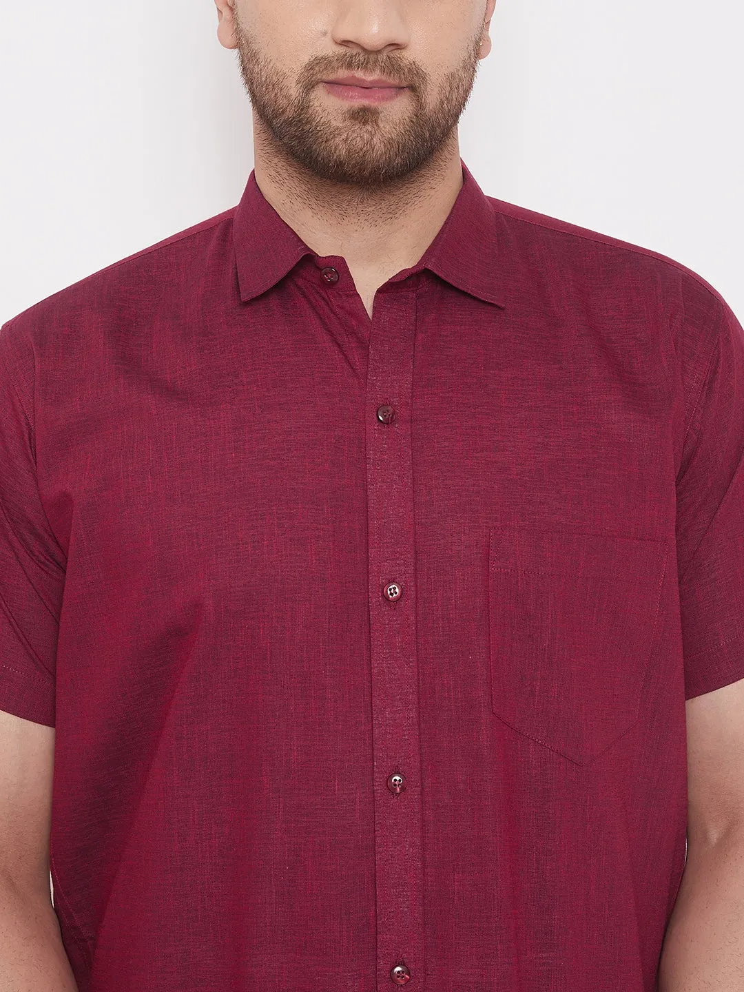 Jashvi Men's Maroon Cotton Blend Ethnic Shirt