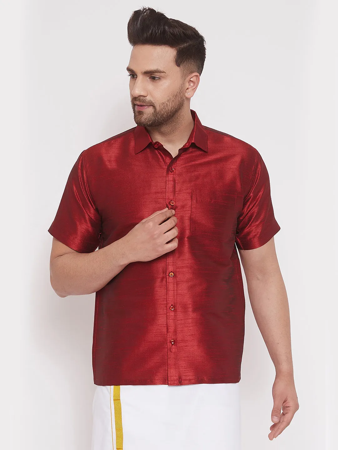 Jashvi Men's Maroon Silk Blend Ethnic Shirt