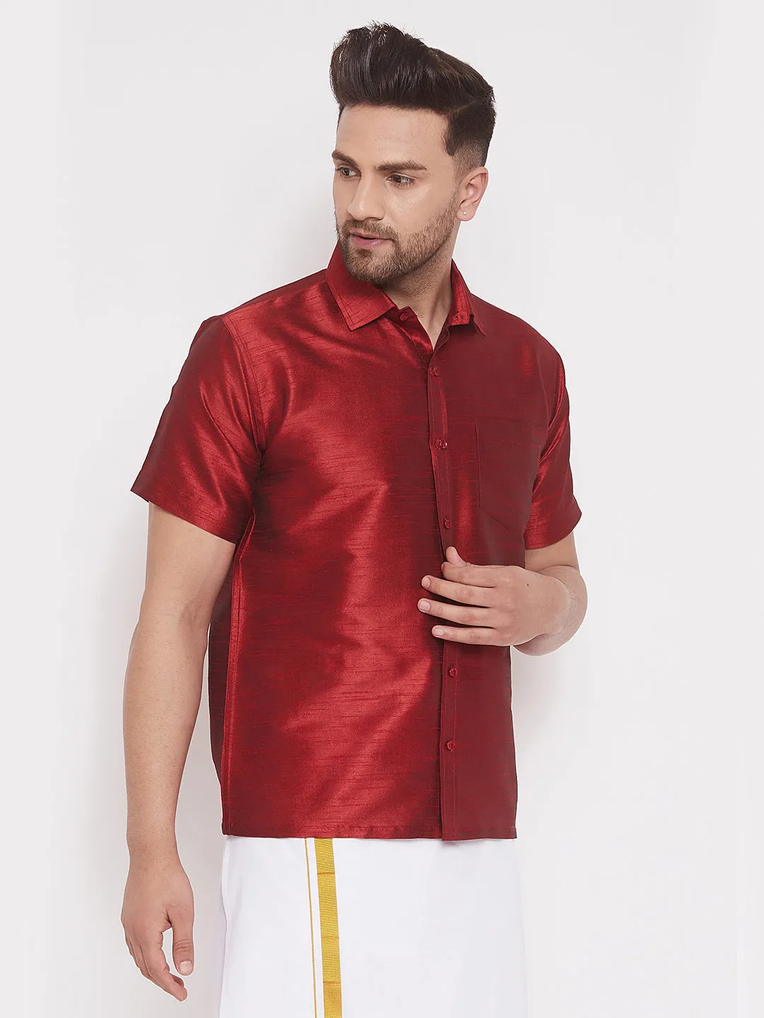 Jashvi Men's Maroon Silk Blend Ethnic Shirt