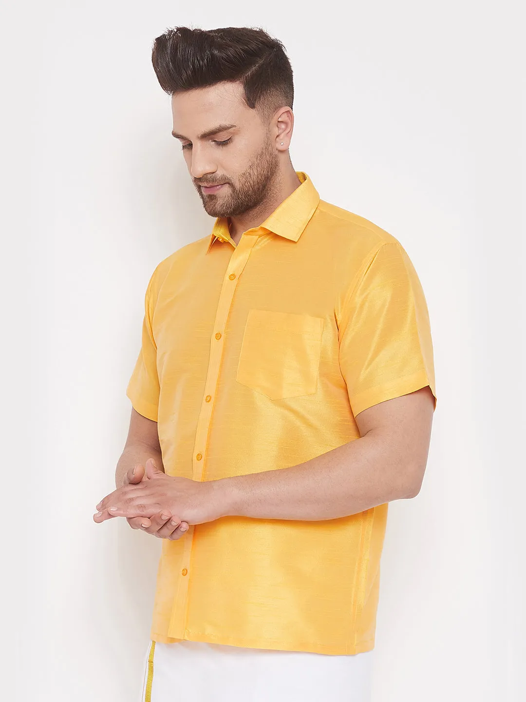 Jashvi Men's Yellow Silk Blend Ethnic Shirt