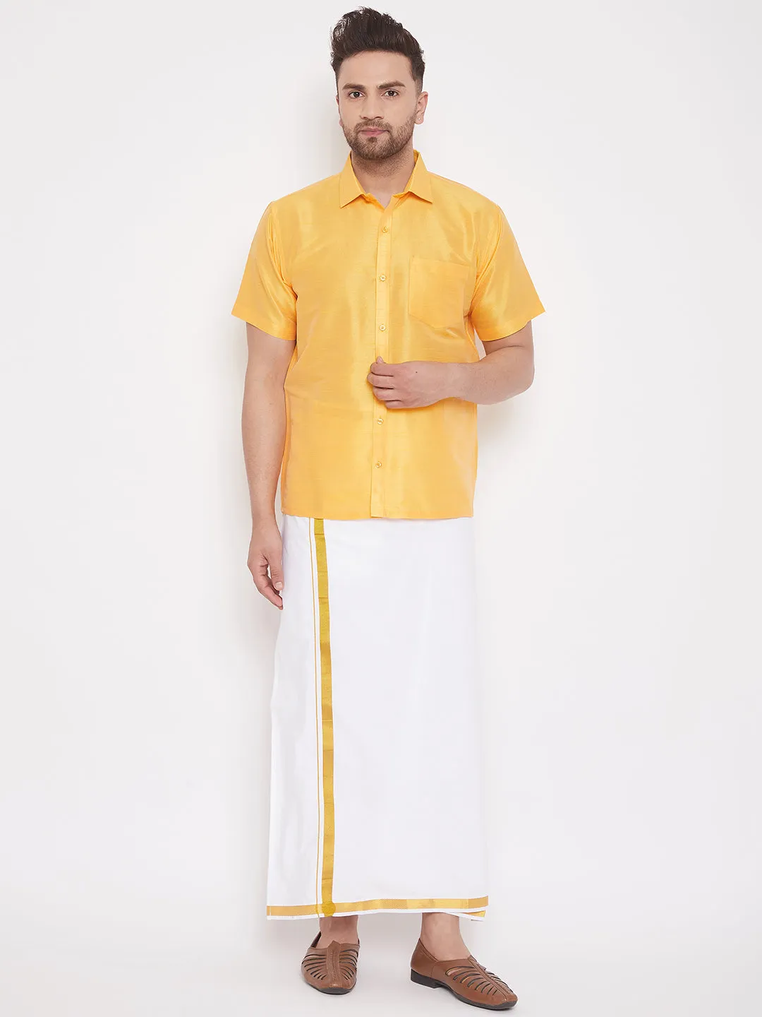 Jashvi Men's Yellow Silk Blend Ethnic Shirt