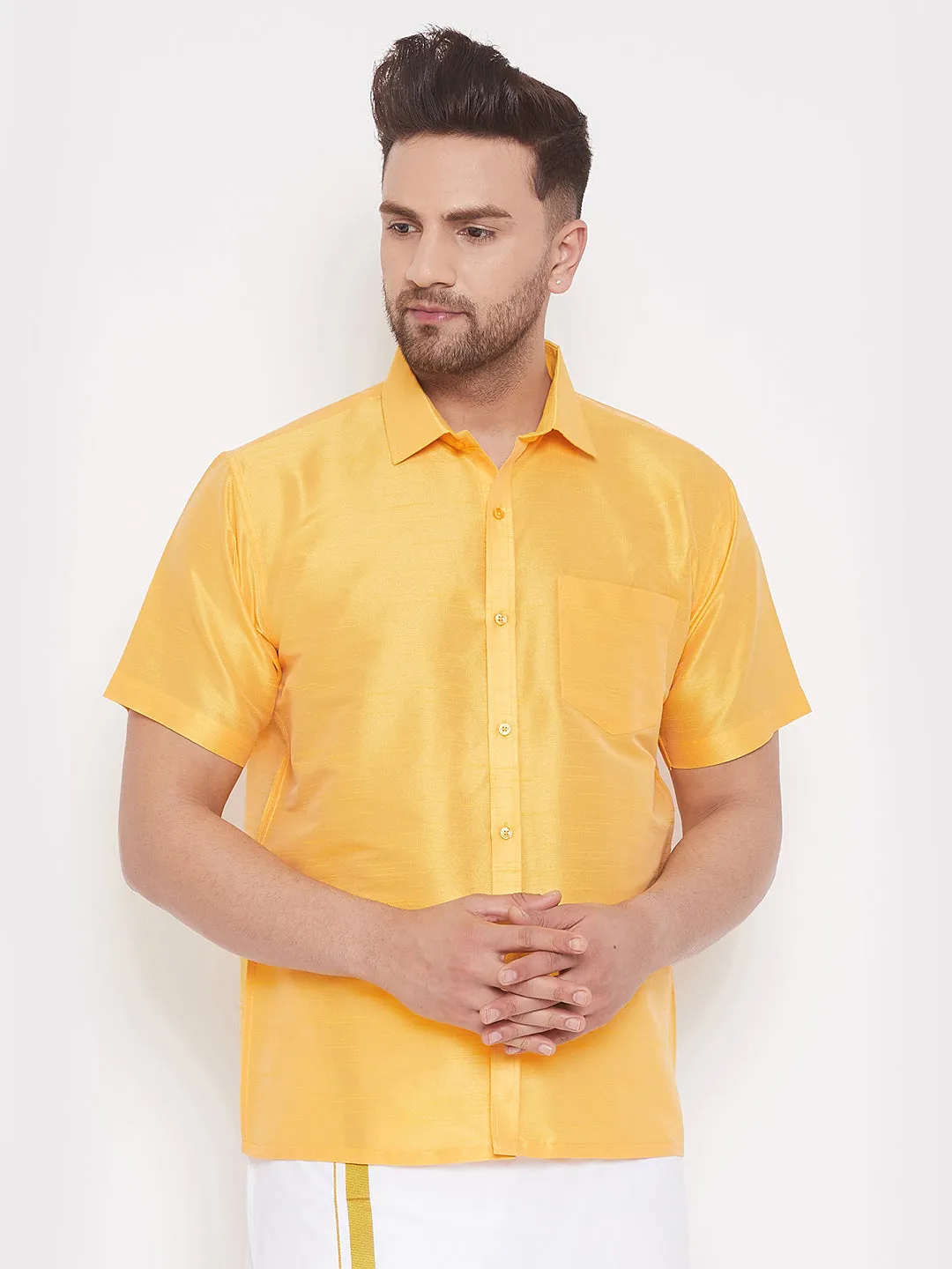 Jashvi Men's Yellow Silk Blend Ethnic Shirt