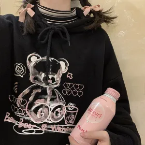 Joskaa Japanese Women's Hooded Love Bear Plus Velvet Sweatshirt Ins Autumn 2024 New Loose Casual Wild Student Tops Hot Sale