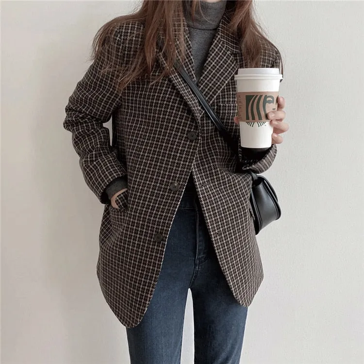 Joskaa New 2024 Plaid Pockets Formal Jackets Vintage Fashionable Office Lady Checkered Autumn Winter Women's Blazers Wild Tops JK2201