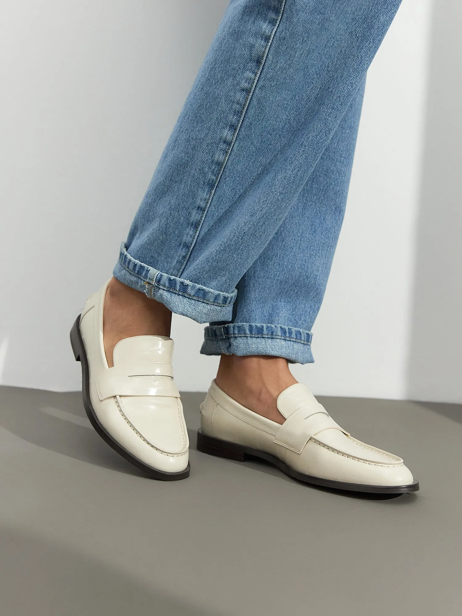 Leather Block Heeled Loafers - White