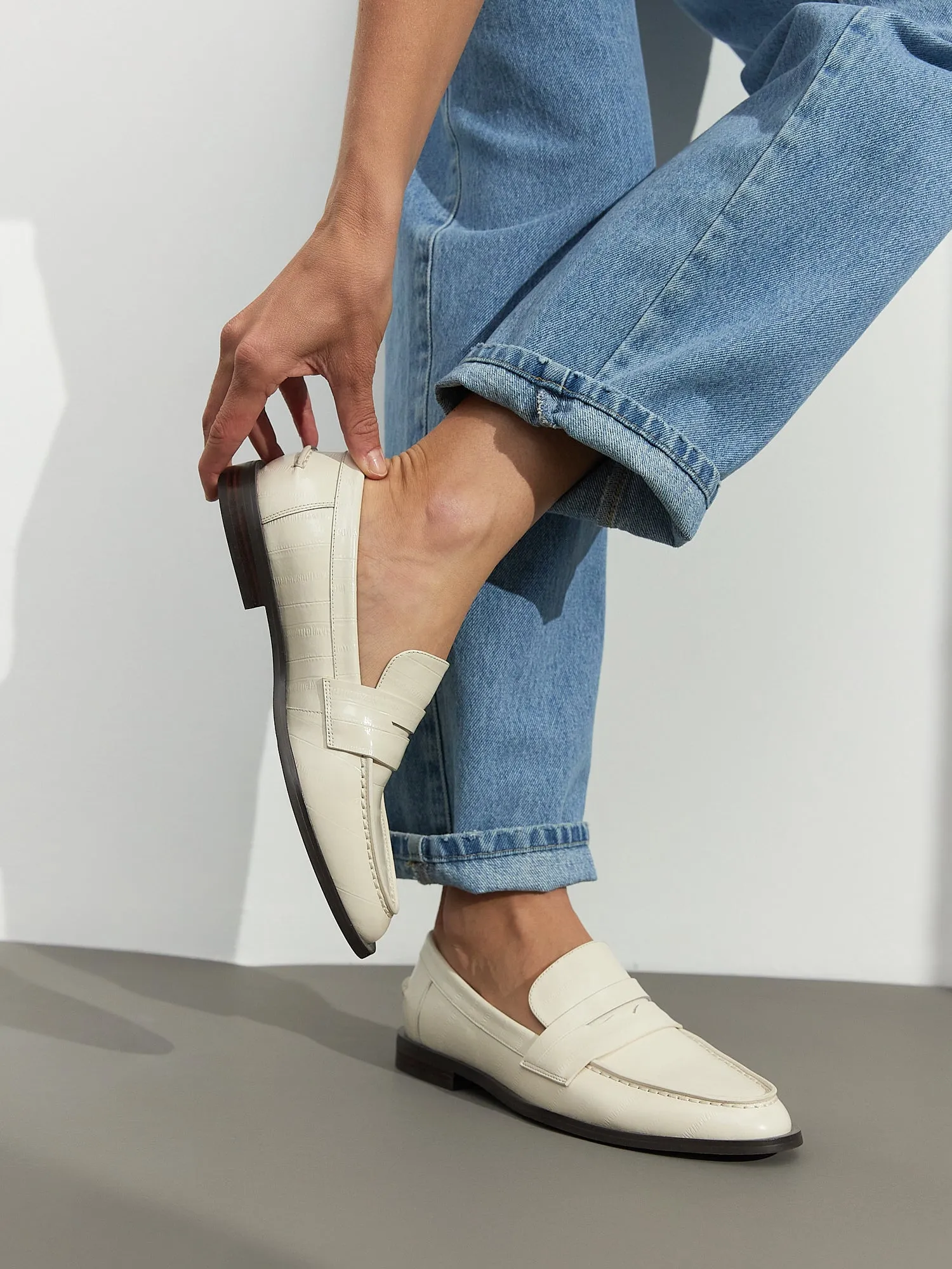 Leather Block Heeled Loafers - White