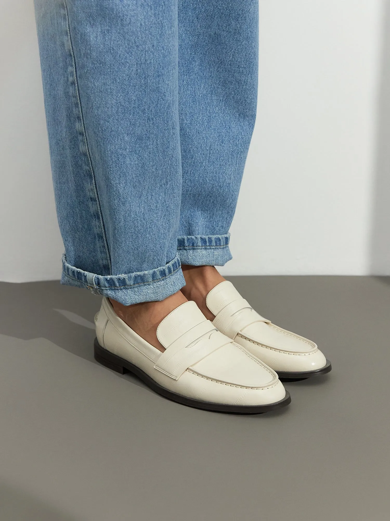 Leather Block Heeled Loafers - White