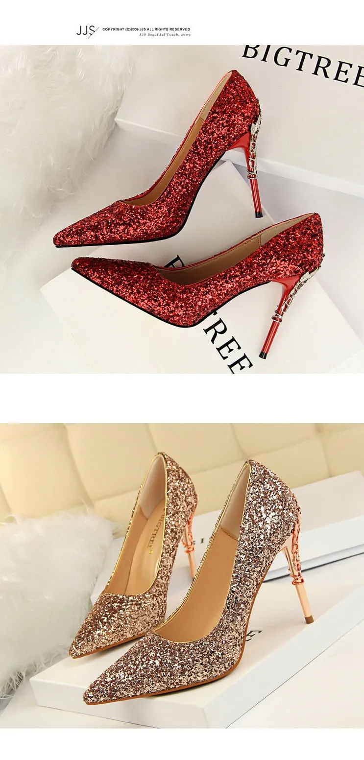 Magical Glittery Metal Embellised Heel Pumps Pointed Toe High Heels