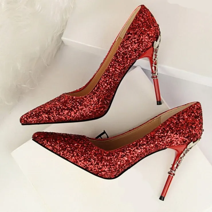 Magical Glittery Metal Embellised Heel Pumps Pointed Toe High Heels